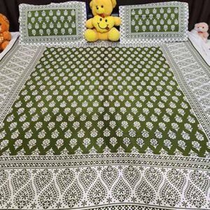 Pilkhuwa Hand Block Print Green and White Bedsheet with Pillow Cover Set