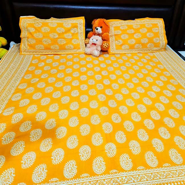 Pilkhuwa Hand Block Print Paisley Motifs Design Yellow Bedsheet