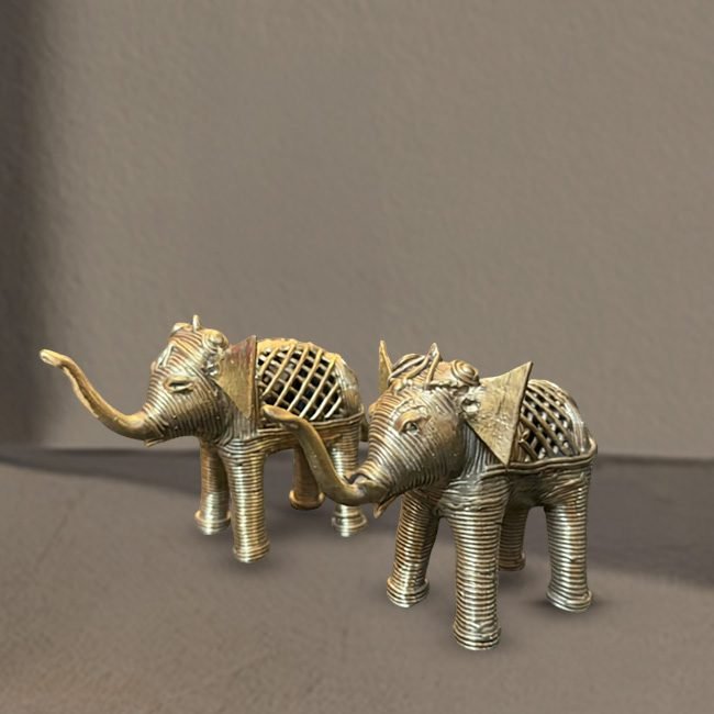 Bengal Dokra Pair of Elephant Figurine with Raised Trunks