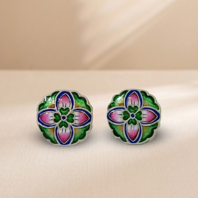 Flower Shape Design Meenakari Cufflinks Green