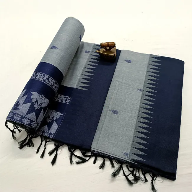 Paithani Soft Cotton Silk Grey and Navy Blue Saree
