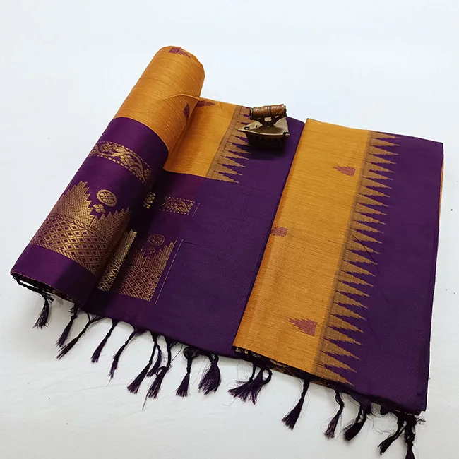 Paithani Soft Cotton Silk Mustard Yellow and Purple Saree