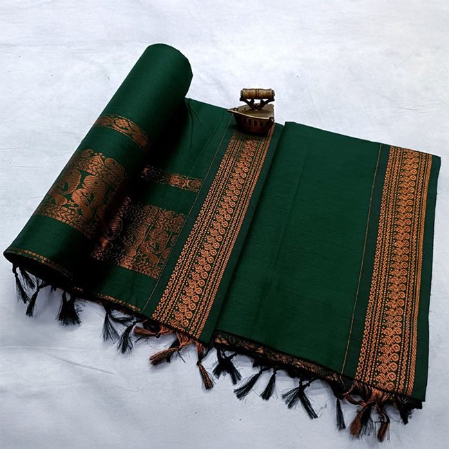 Paithani Soft Cotton Silk Saree Dark Green
