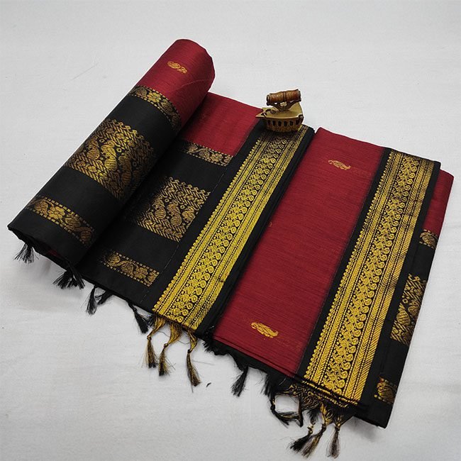 Paithani Soft Cotton Silk Saree Maroon & Black