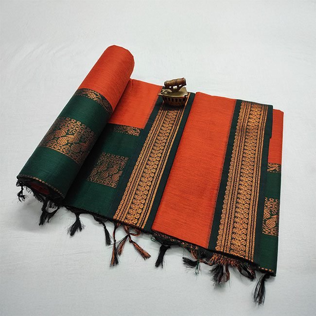 Paithani Soft Silk Saree Orange and Dark Green
