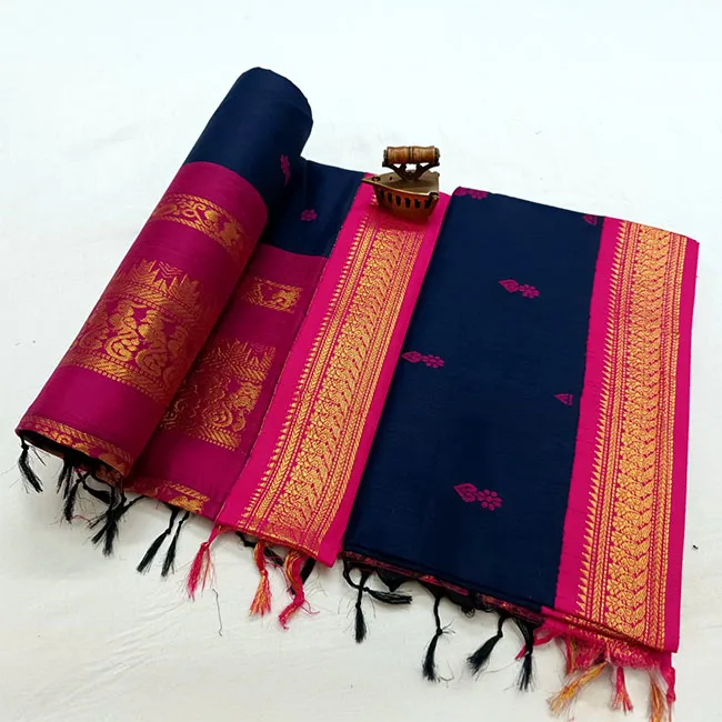 Ethnic Motifs Woven Navy Blue Paithani Soft Silk Saree