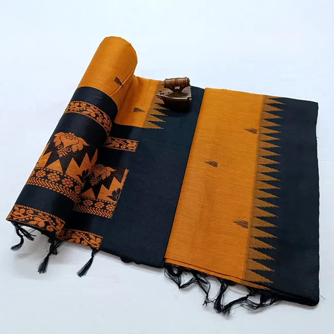 Paithani Soft Silk Mustard Yellow Temple Border Saree