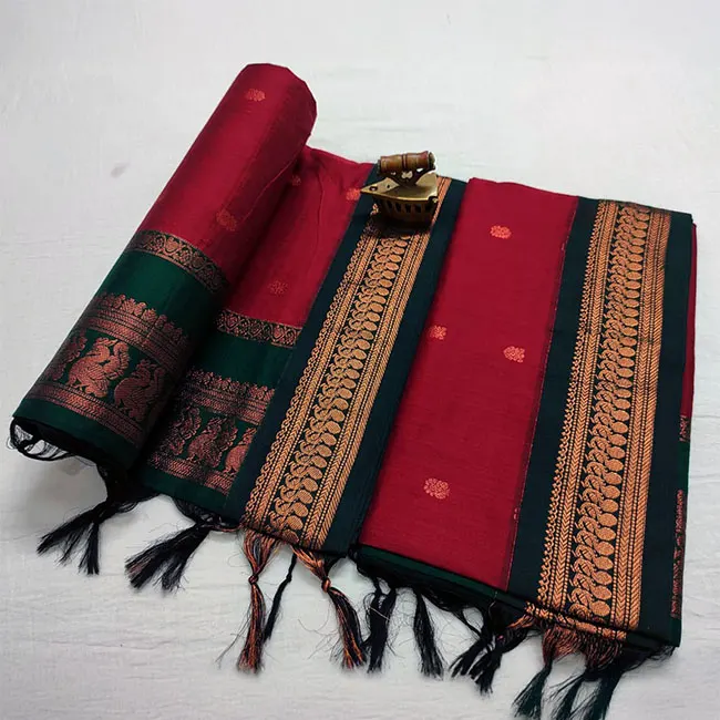 Soft Cotton Silk Red and Dark Green Paithani Saree