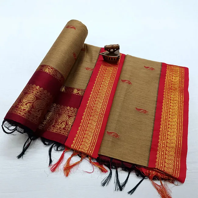 Golden Zari Handwoven Paithani Saree Beige with Maroon Border
