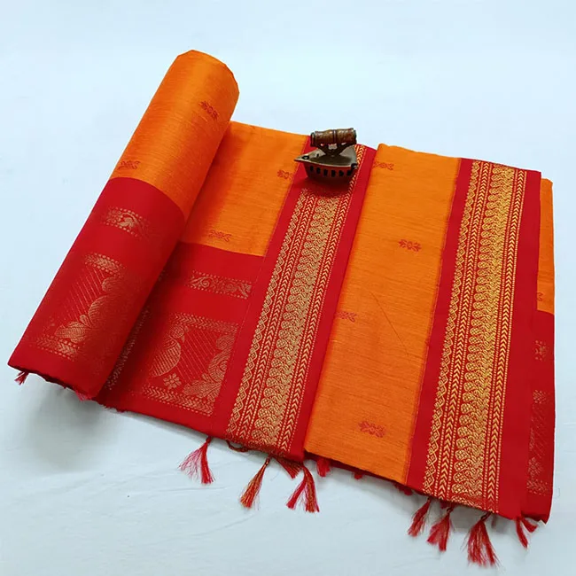 Golden Zari Handwoven Paithani Saree Orange with Red Border