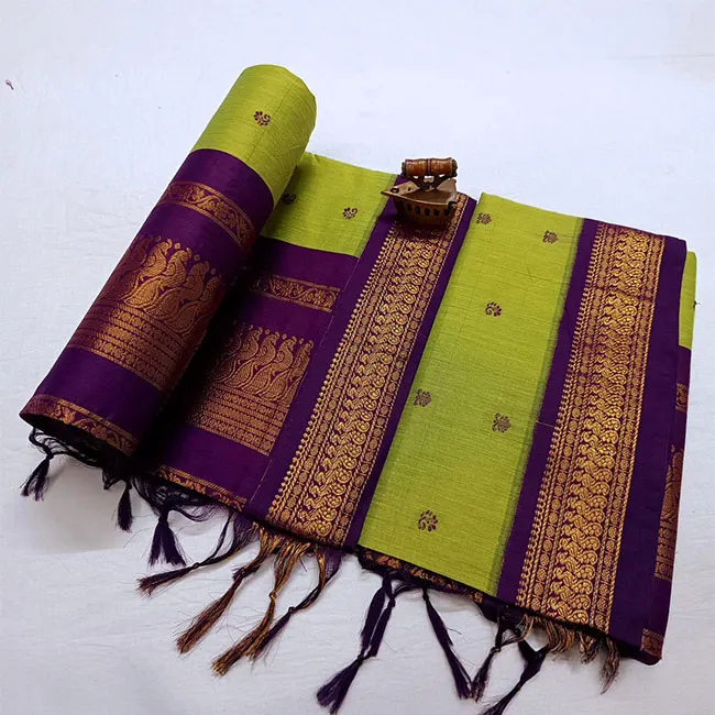 Green and Purple Paithani Silk Saree with Zari Border