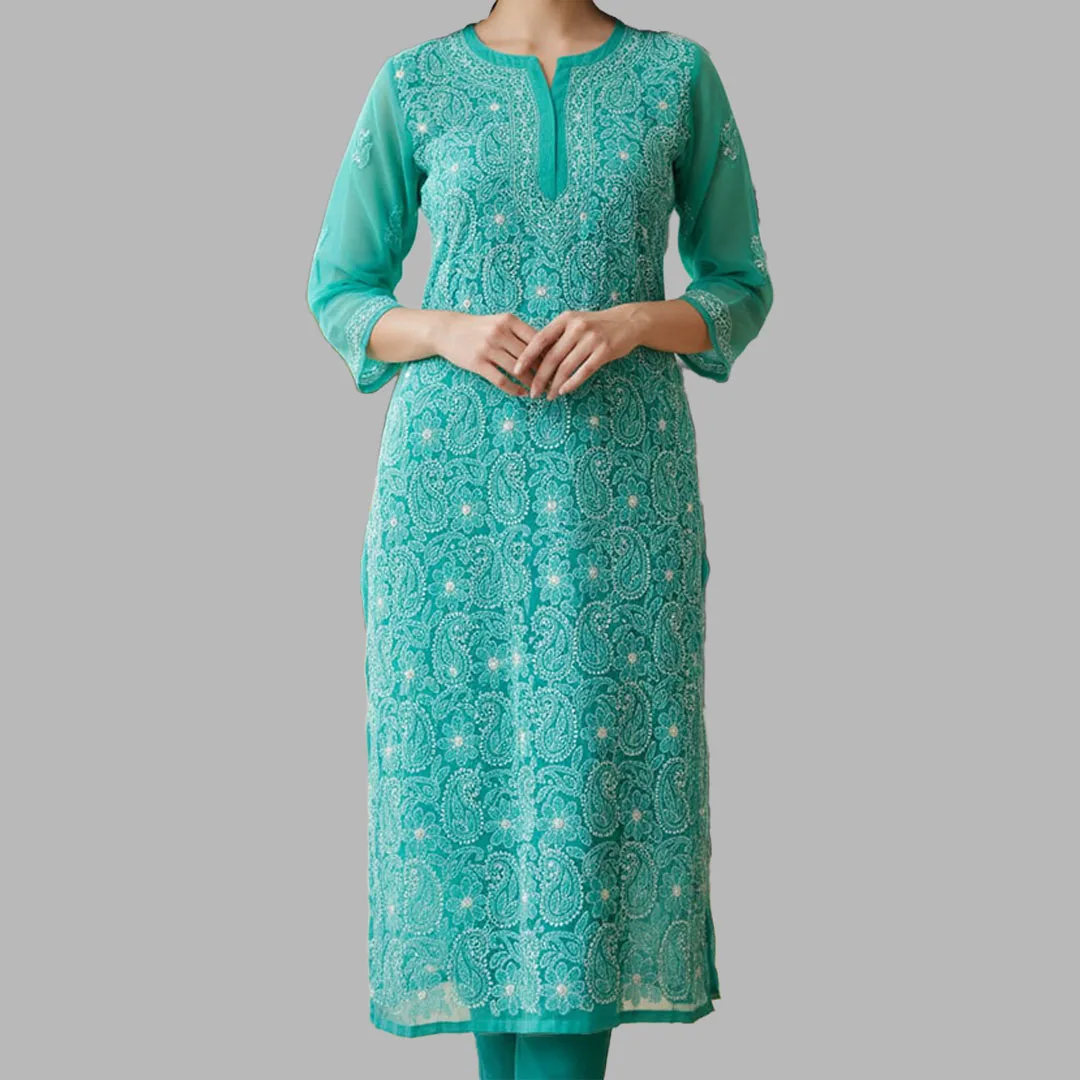 Lucknow Chikankari Work Light Green Long Kurti