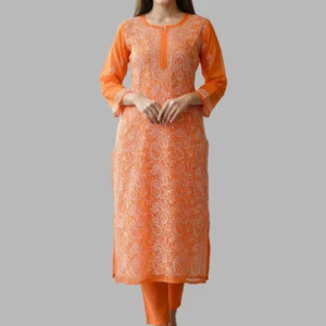 Lucknow Chikankari Work Orange Long Kurti