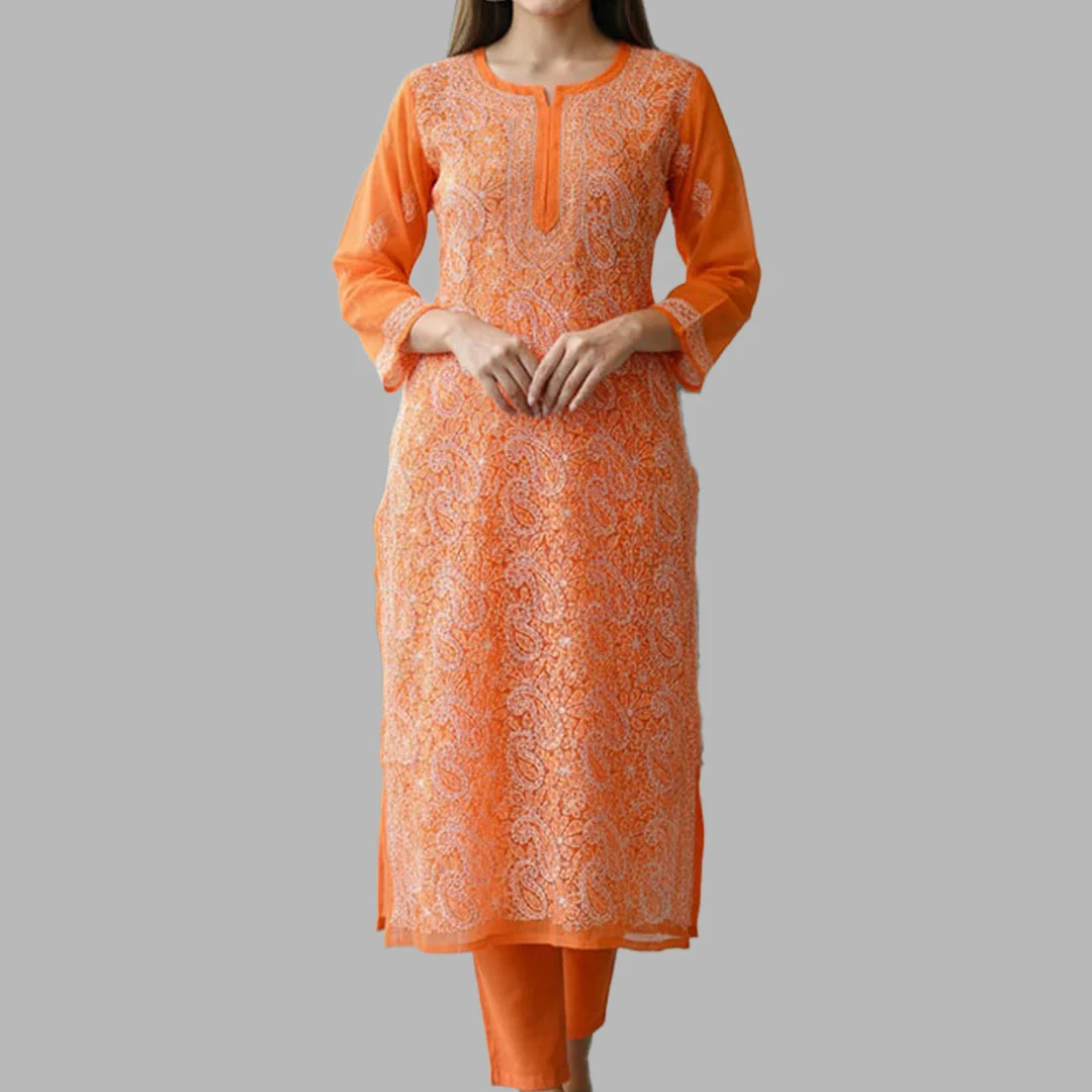 Lucknow Chikankari Work Orange Long Kurti