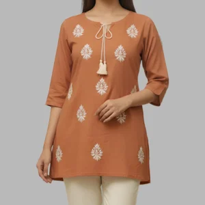 Lucknow Chikankari Work Rust Shade Short Top