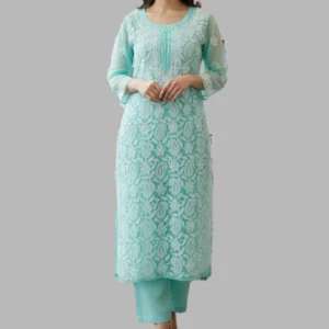 Lucknow Chikankari Work Sea Green Long Kurti