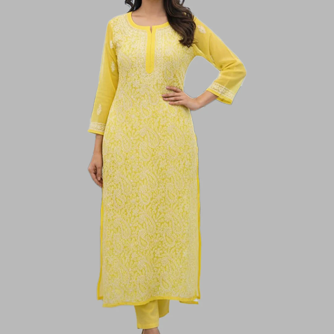 Lucknow Chikankari Work Yellow Long Kurti
