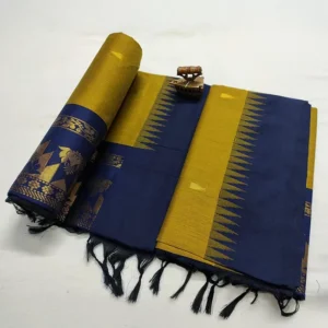 Mustard Yellow and Navy Blue Temple Border Paithani Silk Saree