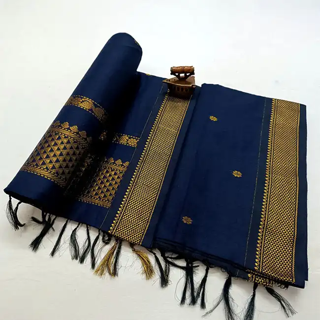 Navy Blue Paithani Silk Saree with Zari Border