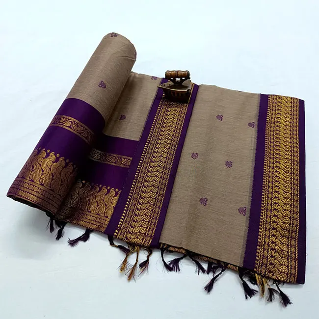Silk Cotton Heavy Work Purple Border Beige Paithani Saree