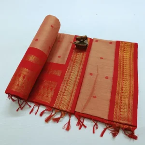Silk Cotton Heavy Work Red Border Peach Paithani Saree