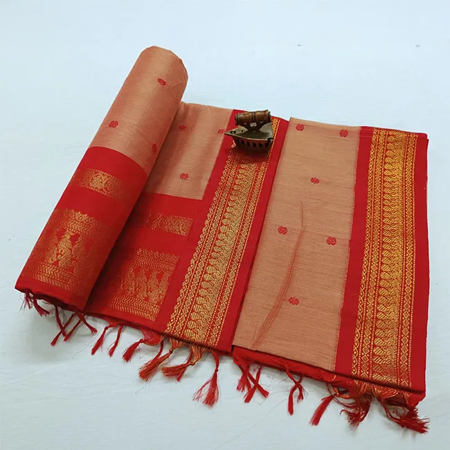 Silk Cotton Heavy Work Red Border Peach Paithani Saree
