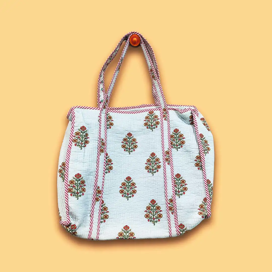 Bagru Floral Print Cotton Quilted Tote Bag