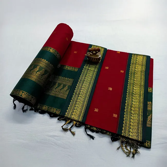 Crimson Red and Green Paithani Silk Saree with Zari Border