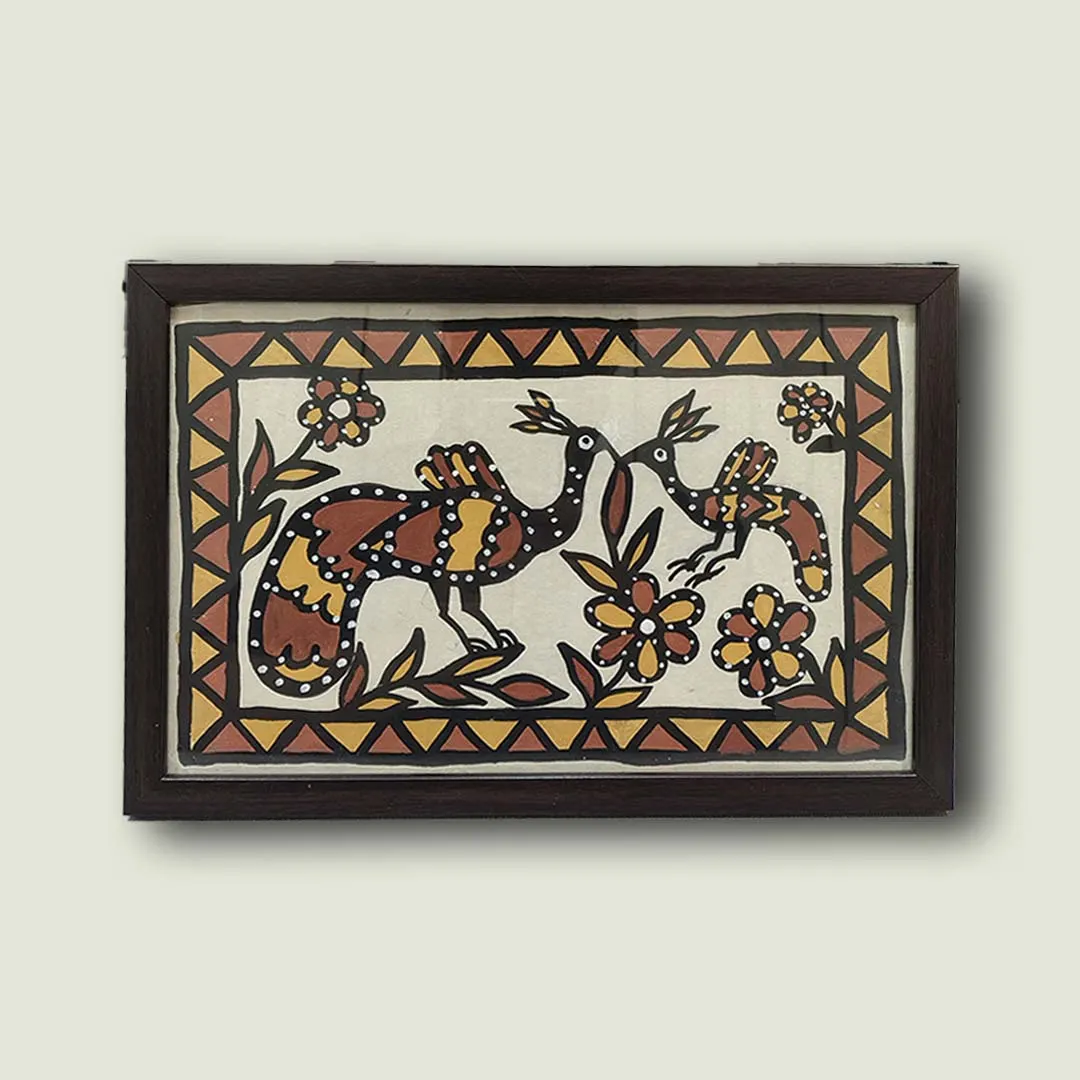 Framed Sohrai Tribal Painting Peacock Wildlife Art