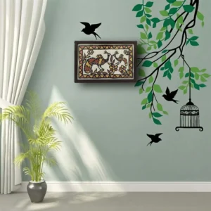 Framed Sohrai Tribal Painting Peacock Wildlife Art