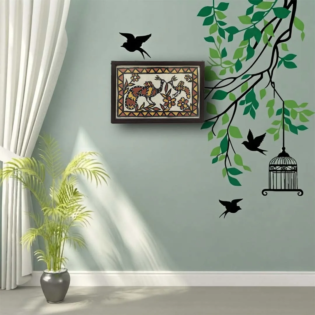 Framed Sohrai Tribal Painting Peacock Wildlife Art