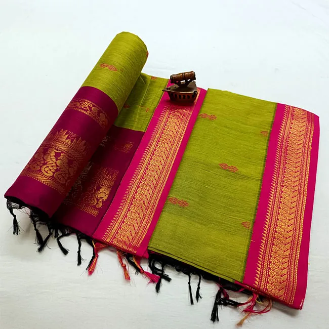 Green and Pink Paithani Silk Saree with Zari Border