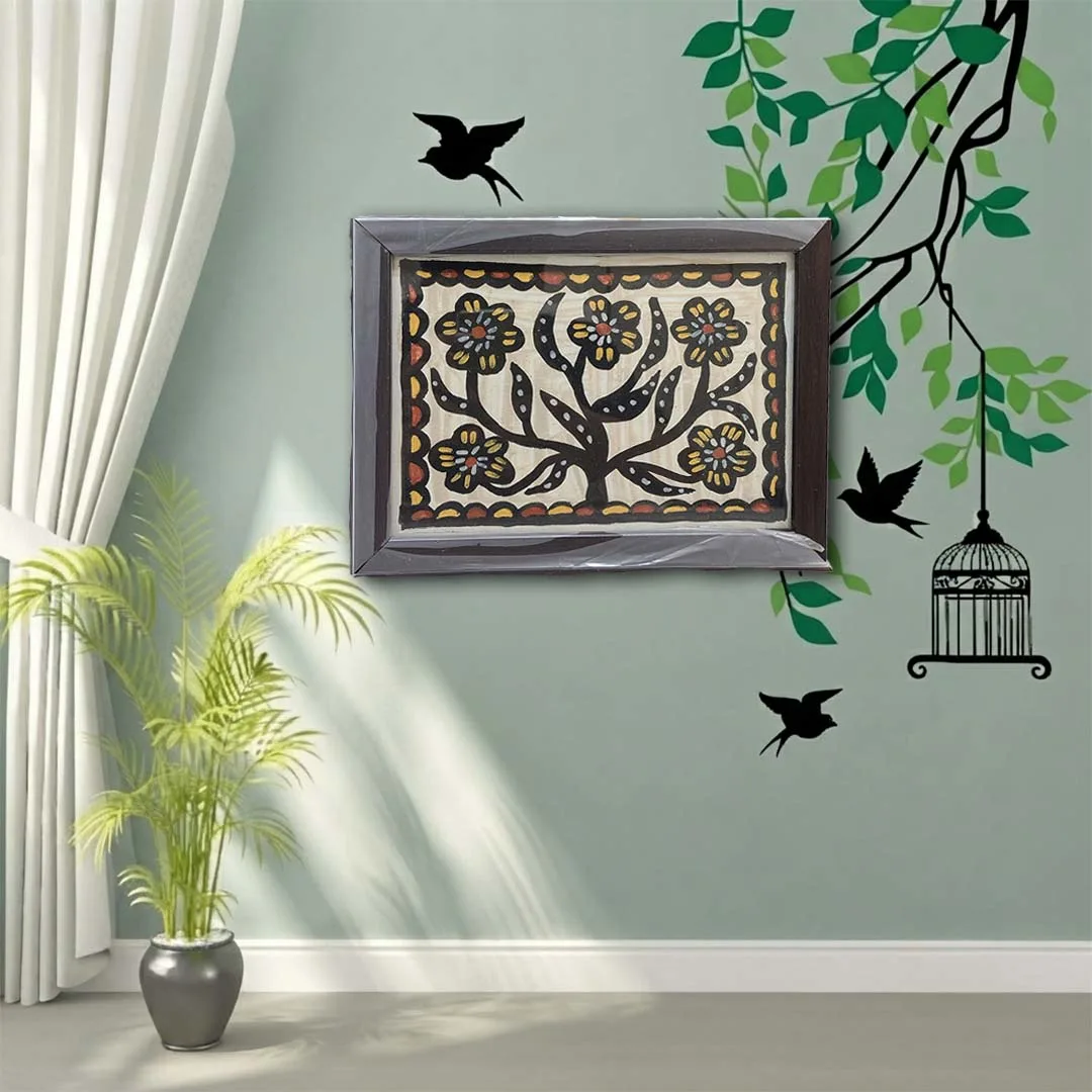 Handpainted Sohrai Tree of Life Painting Framed Tribal Wall Art