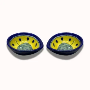 Khurja Pottery Handpainted Leaf Design Clay Oil Lamp Set