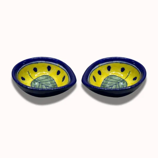 Khurja Pottery Handpainted Leaf Design Clay Oil Lamp Set