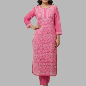 Lucknow Chikankari Work Bright Pink Long Kurti