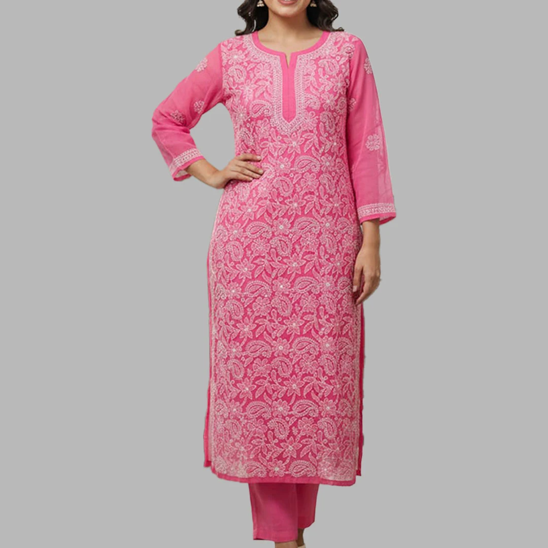 Lucknow Chikankari Work Bright Pink Long Kurti