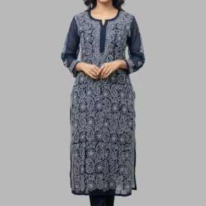 Lucknow Chikankari Work Navy Blue Long Kurti