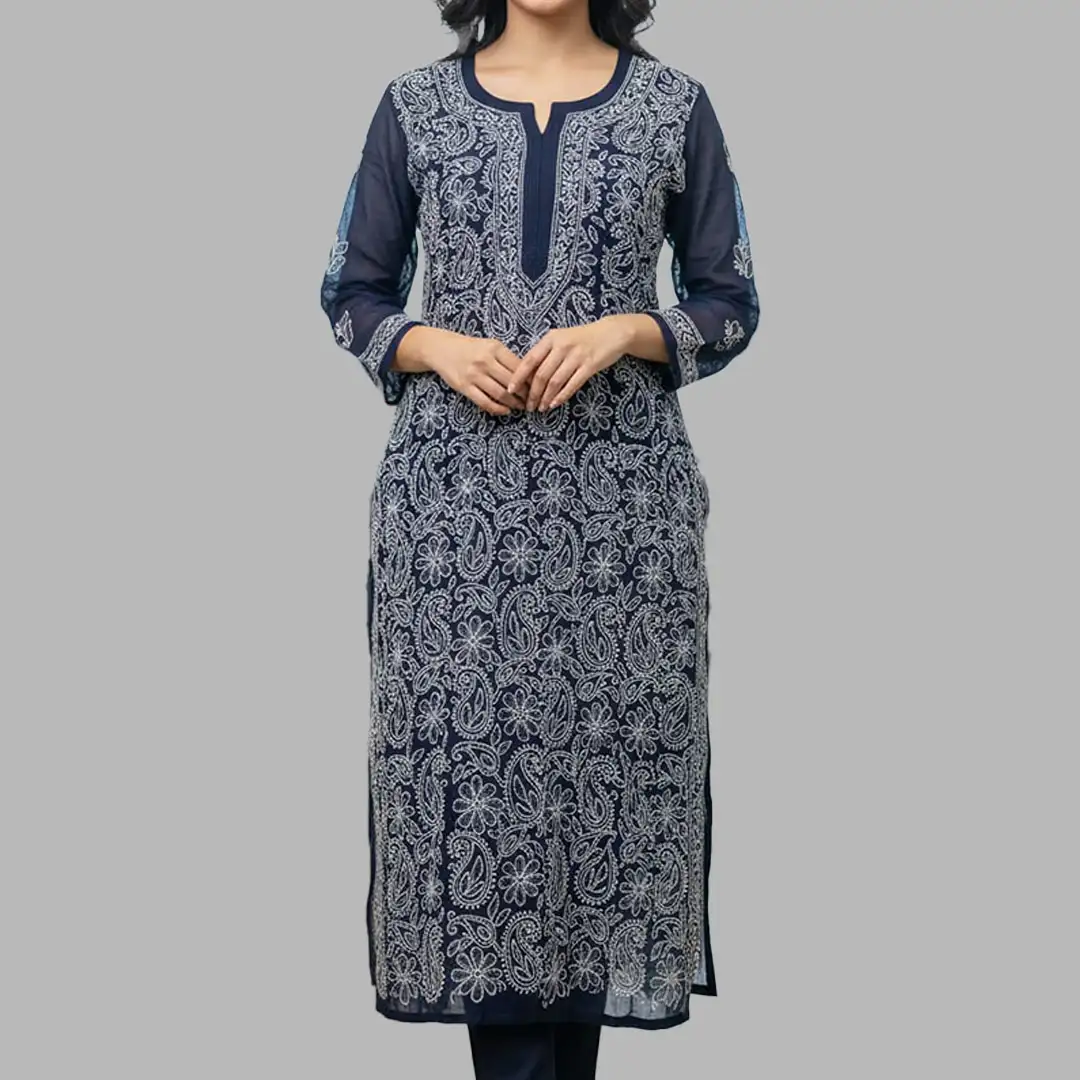 Lucknow Chikankari Work Navy Blue Long Kurti