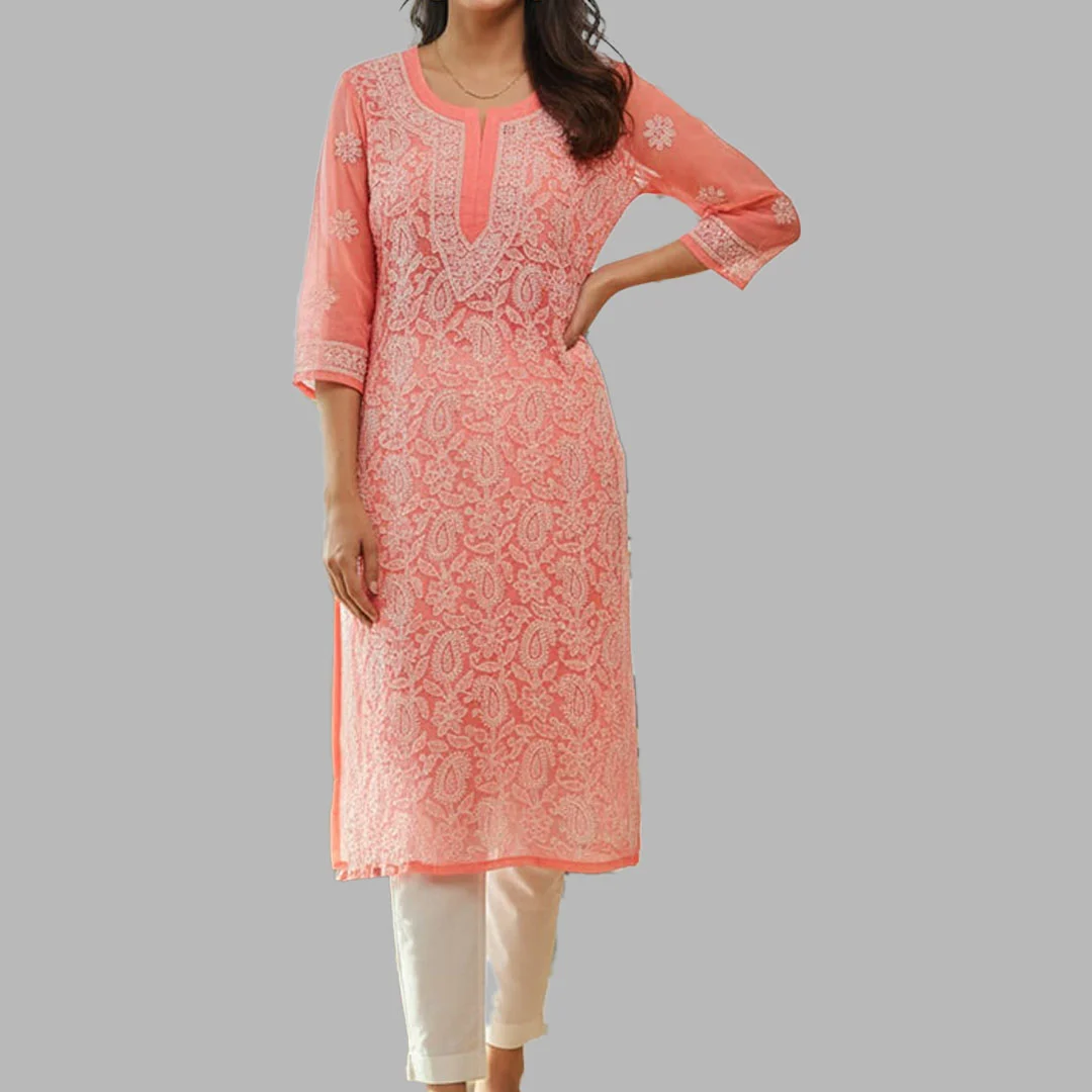 Lucknow Chikankari Work Peach Long Kurti