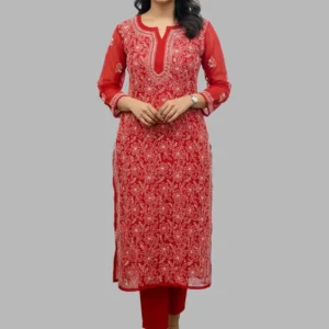 Lucknow Chikankari Work Red Long Kurti