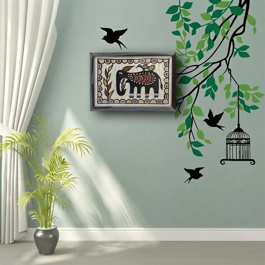 Sohrai Khovar Elephant and Bird Tribal Wall Art