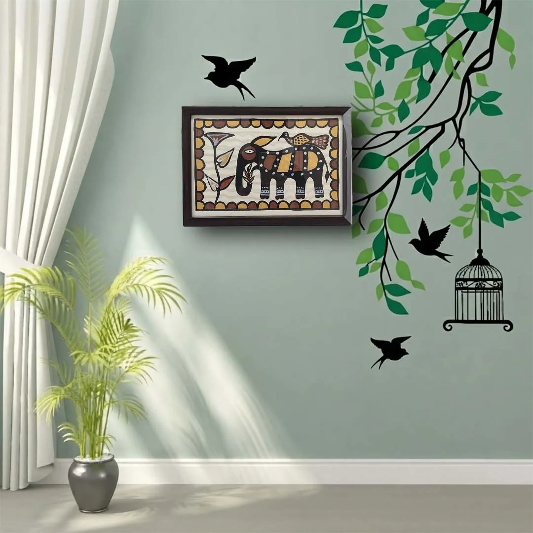 Sohrai Khovar Elephant and Bird Tribal Wall Painting