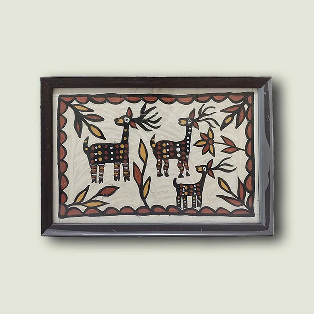 Sohrai Khovar Painting Deer Motif Ethnic Wall Decor