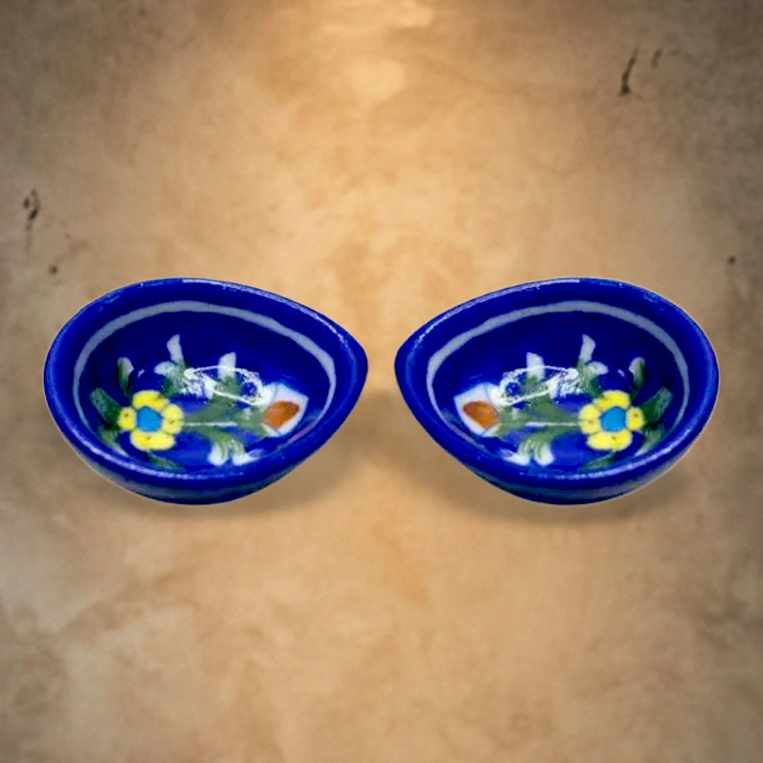 Traditional Khurja Ceramic Floral Design Diya Set