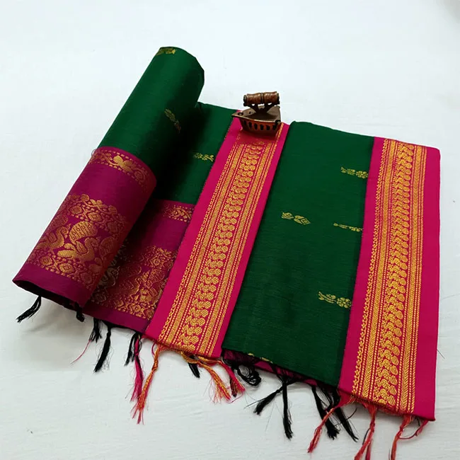Zari Woven Cotton Silk Green and Pink Paithani Saree