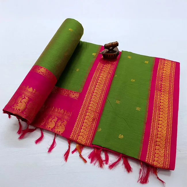 Zari Woven Cotton Silk Parrot Green Paithani Saree