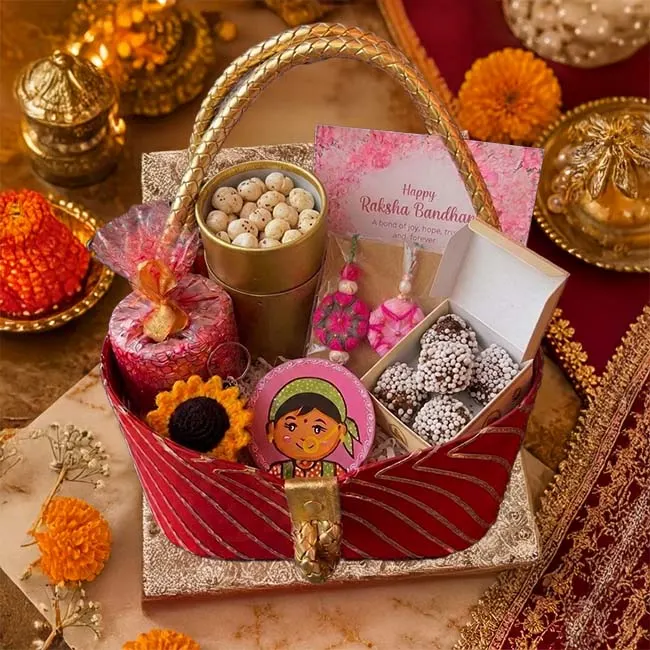 Indyhaat Customized Raksha Bandhan Gift Basket | Rakhi | Sweets | Handcrafted Gifts