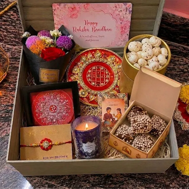 Indyhaat Customized Raksha Bandhan Gift Hamper Set | Rakhi | Sweets | Handcrafted Gifts
