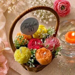 Multicolor Flower Shaped Scented Wax Candles in Gift Basket